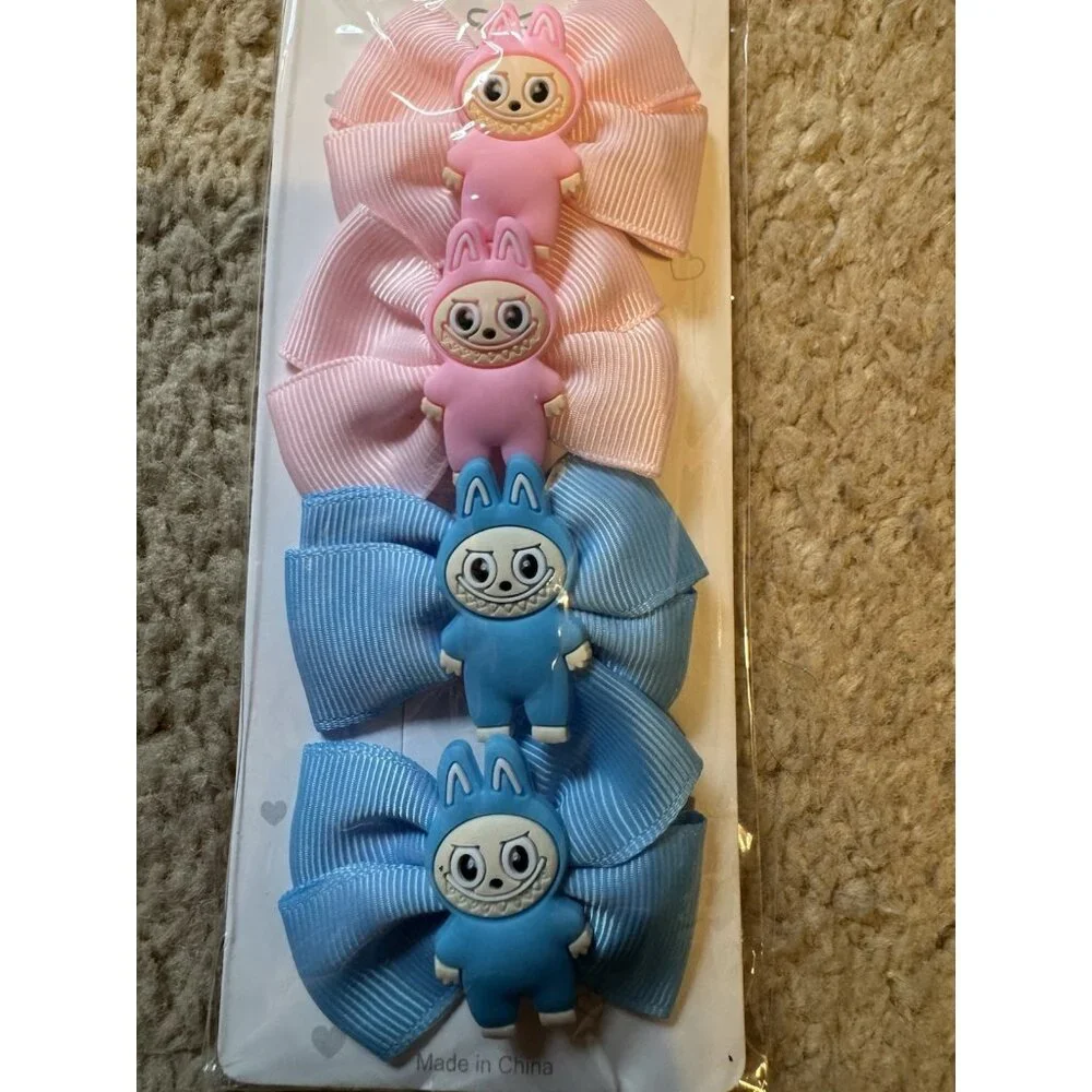 Monster Fashion Colorful Pink Blue Hair Bow Cute Pink Hair Clip for Girls 4 PC